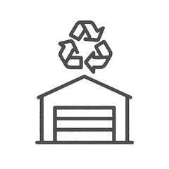 Black and White Line Drawing of Warehouse with Recycling Symbol – Eco-Friendly Storage Facility Vector Illustration