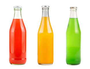 Three colorful glass bottles containing refreshing soda on transparent background