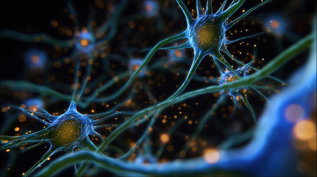 Detailed scientific visualization of neurons and neural networks highlighting nerve cells synapses and nervous system structures for medical and educational use