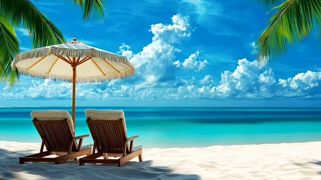 A serene beach scene with lounge chairs and an umbrella under a bright blue sky.