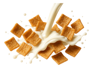 Milk pouring over a mix of crispy cinnamon squares, droplets in motion.