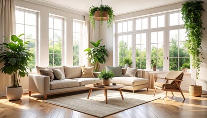 Serene sunlit living room with comfortable sofa and abundant green plants creating a peaceful, nature-inspired home interior