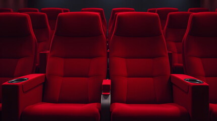 Obraz premium Rows of empty red cinema or theater seats waiting for spectators