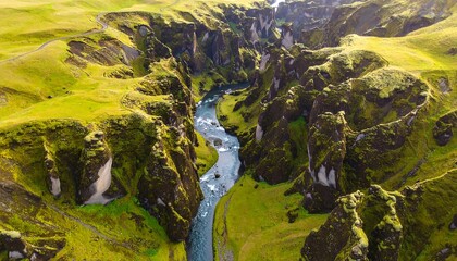 Aerial view of a river carving through a lush green canyon