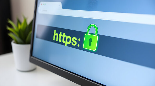 Secure website showing https protocol and green lock icon on computer screen