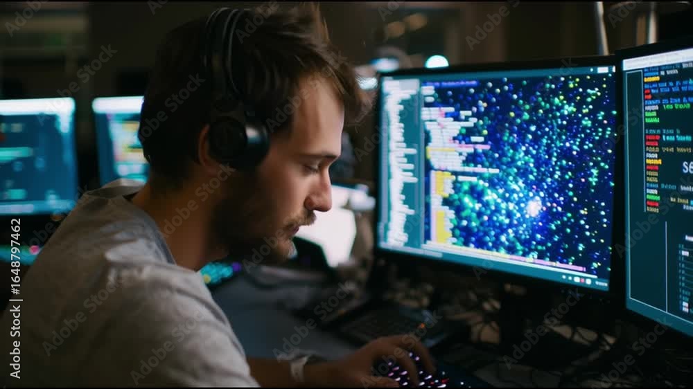 Poster young man focuses on coding in a tech workspace filled with computer screens at night