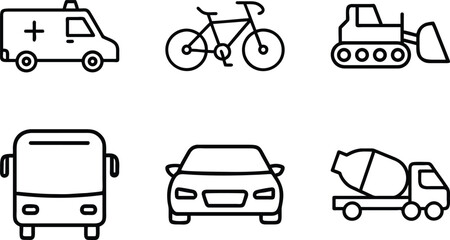 Collection of Minimal Line Icons Representing Various Vehicles Including Cars, Trucks, Buses, Motorcycles, Bicycles, Construction Equipment, and Emergency Vehicles