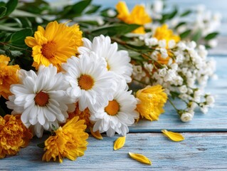 Vibrant floral arrangement featuring collection white daisies, yellow chrysanthemums, delicate baby's breath, all set on rustic, light blue wooden surface. Evokes feelings freshness natural beauty.