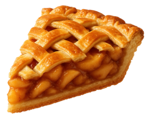 Apple pie slice with visible lattice crust and spiced apple filling.