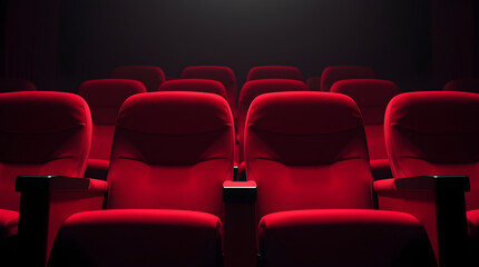 Empty red cinema chairs waiting for audience in dark theater