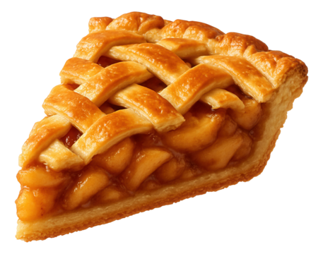 Apple pie slice with visible lattice crust and spiced apple filling.