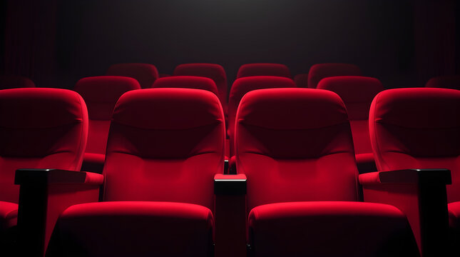 Empty red cinema chairs waiting for audience in dark theater
