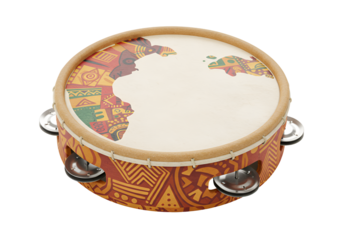 Traditional African-style percussion instrument with a colorful geometric design and metallic