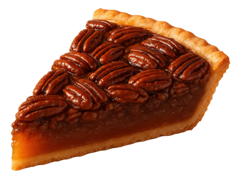Pecan pie slice showing a nutty top layer over a gooey, rich filling.