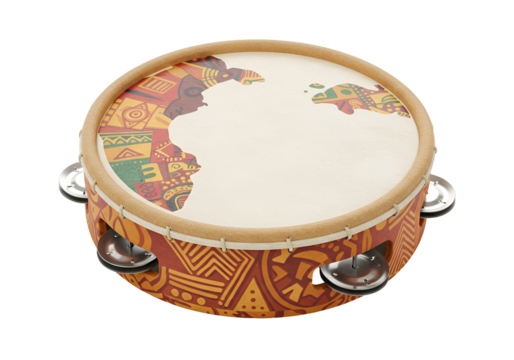 Traditional African-style percussion instrument with a colorful geometric design and metallic