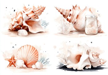 Four sets of detailed seashells and starfish, in watercolor style, with a delicate, textured background