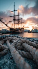 Obraz premium Knotted ropes lay foreground w/ blurred tall ship, orange sunset reflecting on water