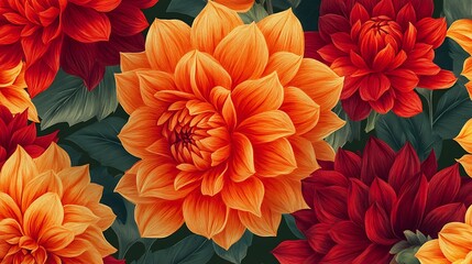 A vibrant bouquet of blooming orange and yellow chrysanthemums and dahlias in a beautiful summer garden © Master