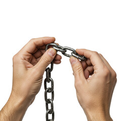 Adult hands with detailed skin meticulously polishing a heavy metallic chain link on a transparent seamless studio background, ultra-realistic UHD macro close-up, concept of intricate binding and