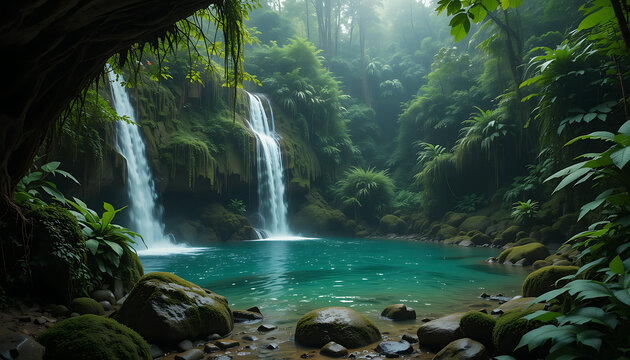 Serene twin waterfalls cascade into a vibrant turquoise pool surrounded by lush verdant jungle foliage creating a breathtaking natural paradise