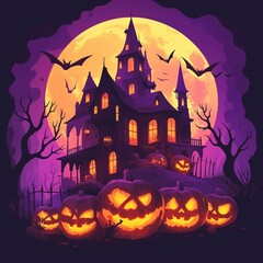 Spooky Halloween Night with Haunted House and Pumpkins