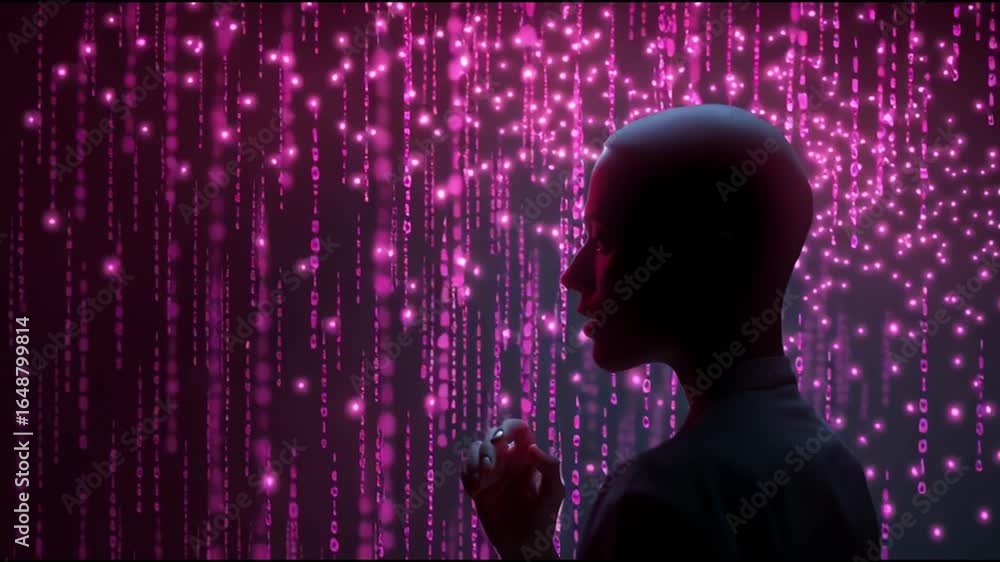 Poster exploring digital magic with a futuristic figure interacting with glowing binary code