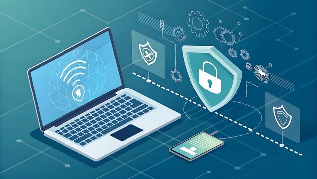 Cybersecurity illustration depicting laptop phone and security shield with network connectivity and data protection for online security awareness - Powered by Adobe