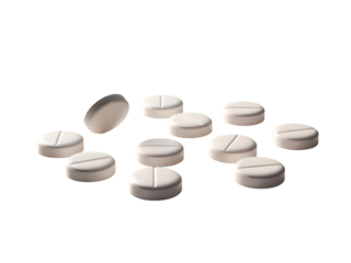 Scattered white round pills with one falling tablets
