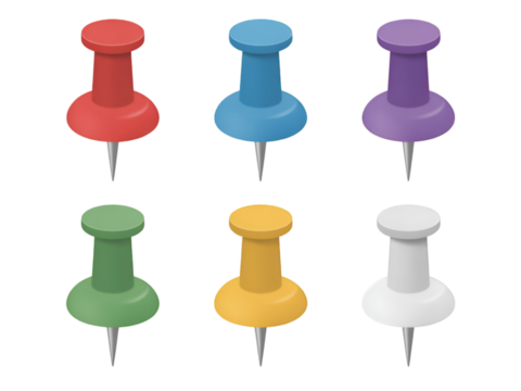 Six colorful push pins arranged in two rows pushpin