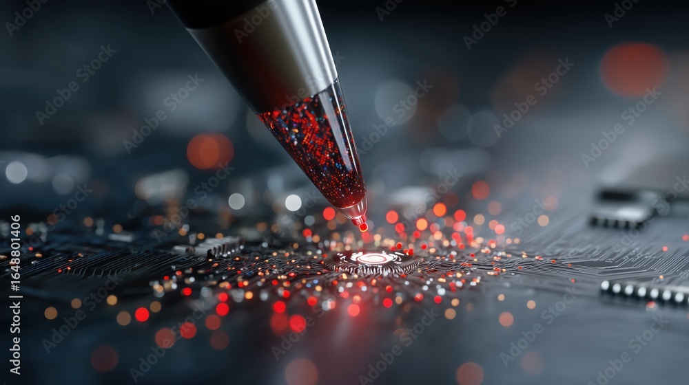Poster ai circuit technology and medical research concept, high-tech circuit board with a pen creating glow