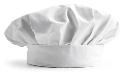 A pristine white chef's hat sits centrally, angled slightly, against a pure white background.  The fabric appears smooth and unblemished, with a rounded crown and a flat.