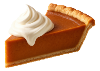 Pumpkin pie wedge being extracted, with creamy topping clinging to edges.