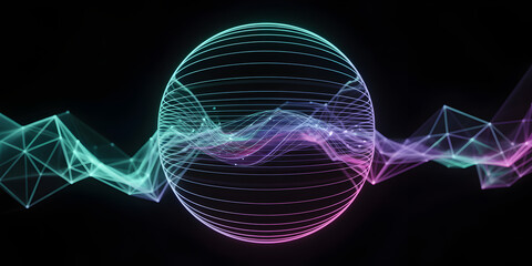 Abstract sphere with wireframe and colorful wave lines on a dark background for technology concept