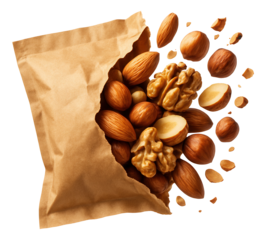 Bursting kraft paper package with nuts scattering, shell fragments hovering.