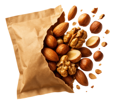 Bursting kraft paper package with nuts scattering, shell fragments hovering.