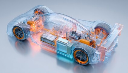 Transparent,  detailed  view  of  an  electric  sports  car's  internal  components.  Components  are  highlighted  with  orange  and  blue  lighting.  