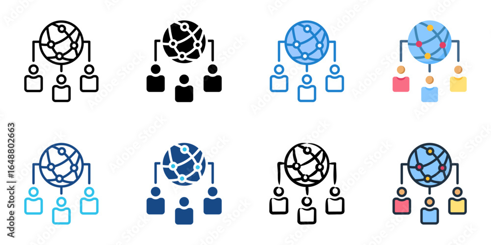 Poster global team icon set multiple style collection