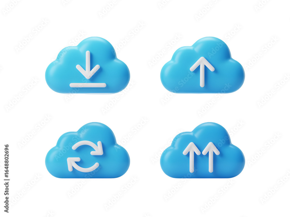 Poster four 3d cloud icons with arrows for download upload and sync