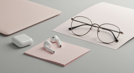 Glasses earphones case and folder on a neutral surface in a minimalist style.