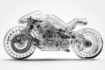 Transparent motorcycle, detailed mechanical view.  A translucent, clear motorcycle model, showcasing the internal workings.  Engine, wheels, and frame are visible.