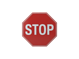 Red octagonal stop sign with white lettering on black background