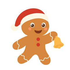 Festive Gingerbread Man with Bell and Santa Hat. Hand Drawn Vector Art.