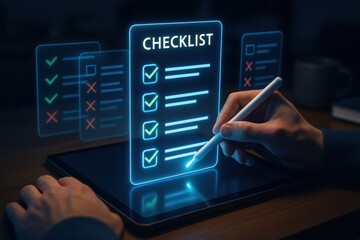 Digital Checklist: A digital rendering showcases a hand using a stylus to interact with an illuminated checklist, with other checklists in the background suggesting planning.