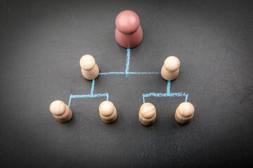 Organizational hierarchy structure concept with leader figure and blue chalk connections