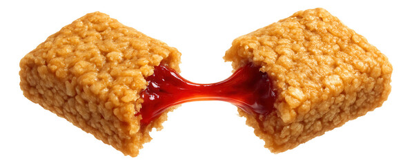 Cereal bar in mid-snap, with a syrupy fruit filling stretching taut.