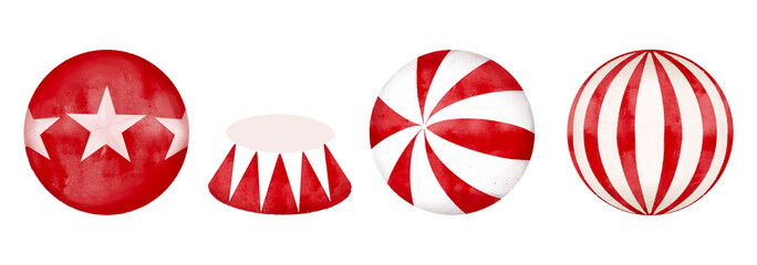 Set of ball and Vintage style circus pedestal watercolor illustration. Red and white pattern. Hand drawn illustration of a red and white themed carnival ball pedestal on transparent background. © 7nov.studio