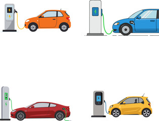 Naklejka premium Collection of modern electric cars charging at various EV stations. An illustration of sustainable transport and green energy technology.