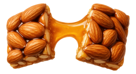 Almond and honey bar in a split, with a gooey center elongating between segments.