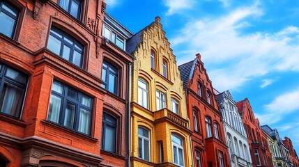 Fototapeta premium Colorful row of historic European buildings under a vibrant sky
