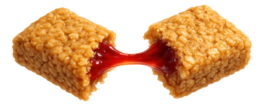 Cereal bar in mid-snap, with a syrupy fruit filling stretching taut.